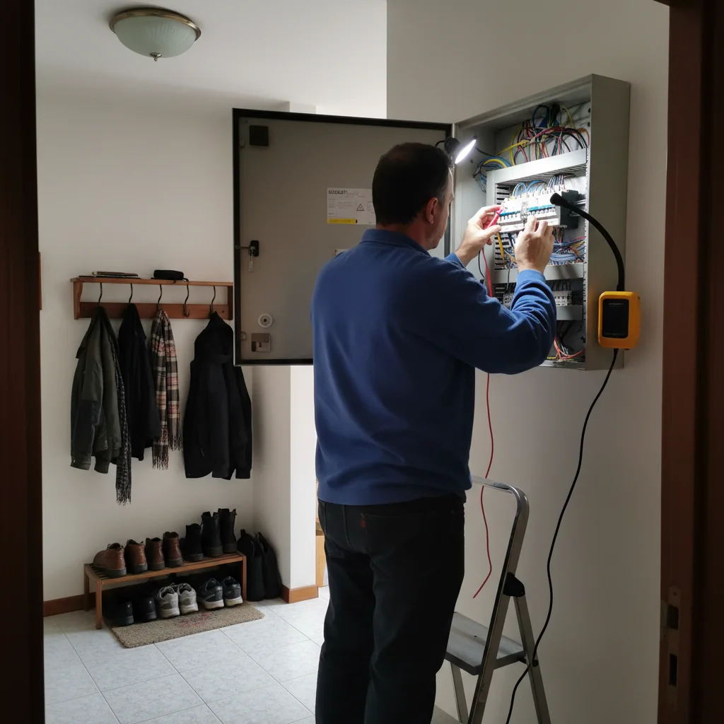 Elettricista al lavoro su quadro elettrico a Brescia